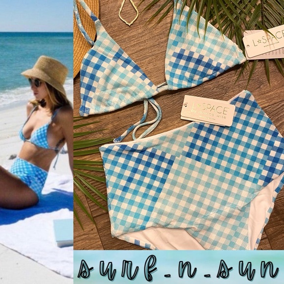 L*Space Turquoise Picnic Plaid String Bikini Top | Portia High Waisted Bottom - Picture 3 of 13